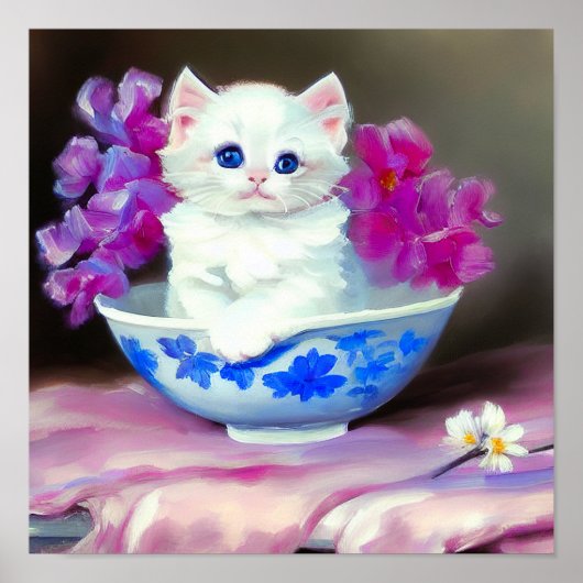 Vintage White Kitten mit rosa Blume Poster (Vorne)