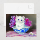Vintage White Kitten mit rosa Blume Postkarte (Vorne/Hinten)