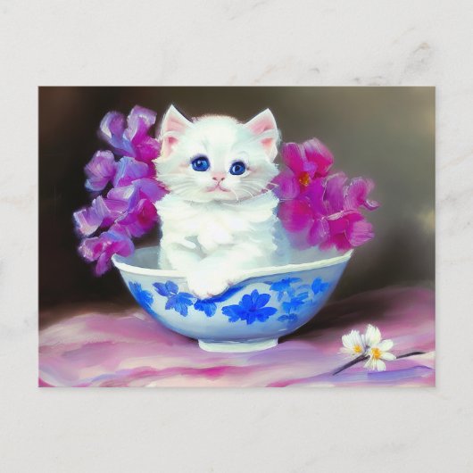 Vintage White Kitten mit rosa Blume Postkarte (Vorderseite)