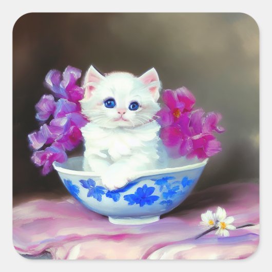 Vintage White Kitten mit rosa Blume Quadratischer Aufkleber (Vorderseite)