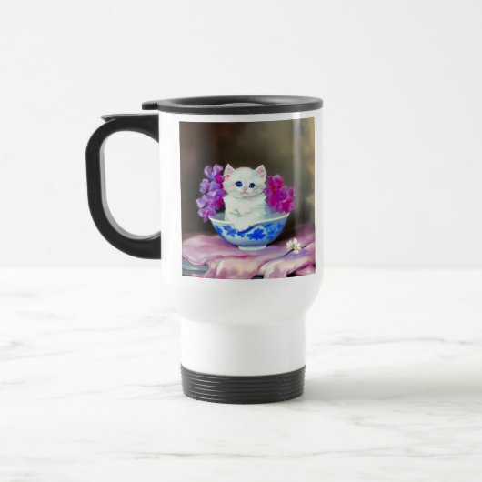 Vintage White Kitten mit rosa Blume Reisebecher (Links)