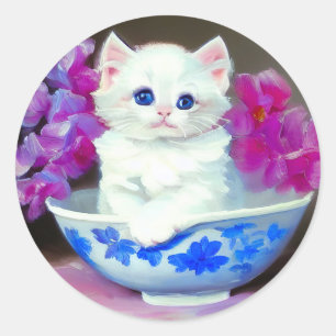 Vintage White Kitten mit rosa Blume Runder Aufkleber
