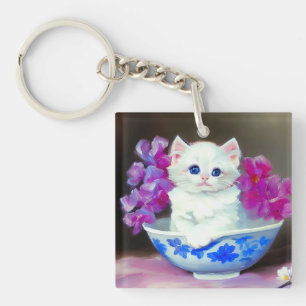 Vintage White Kitten mit rosa Blume Schlüsselanhänger