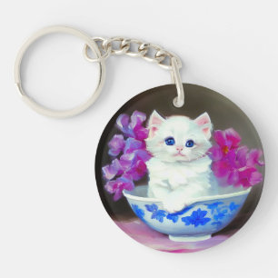 Vintage White Kitten mit rosa Blume Schlüsselanhänger