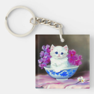 Vintage White Kitten mit rosa Blume Schlüsselanhänger