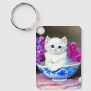 Vintage White Kitten mit rosa Blume Schlüsselanhänger