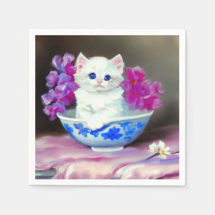 Vintage White Kitten mit rosa Blume Serviette