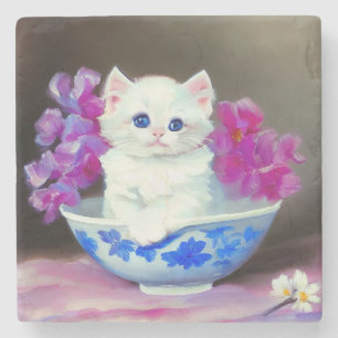 Vintage White Kitten mit rosa Blume Steinuntersetzer