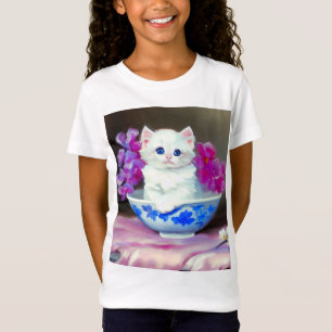 Vintage White Kitten mit rosa Blume T-Shirt