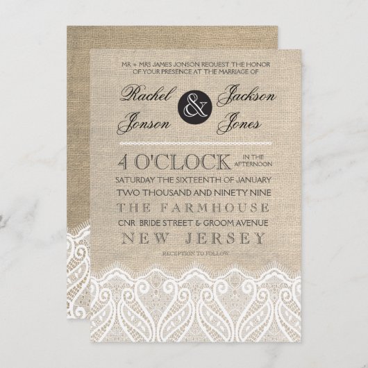 Vintage White Lace & Burlap Hochzeit Einladung (Vorne/Hinten)