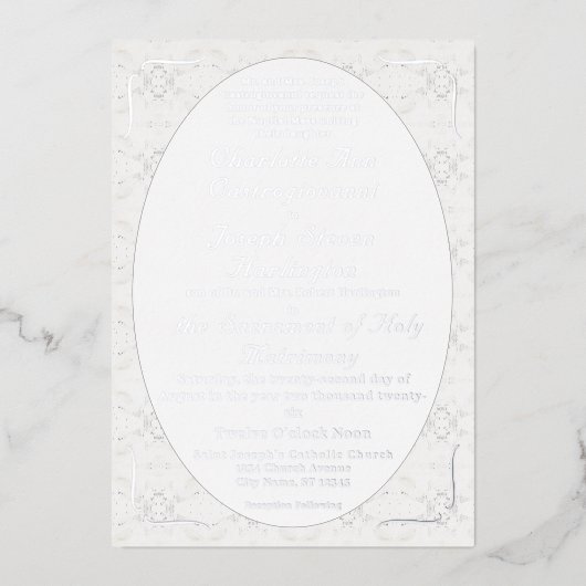 Vintage White Lace Katholic Wedding Folieneinladung (Vorderseite)