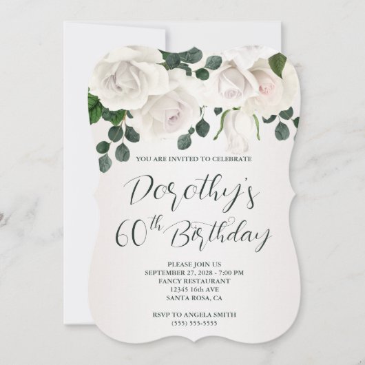 Vintage White Roses Luxuriöse 60. Geburtstag Einladung (Vorderseite)