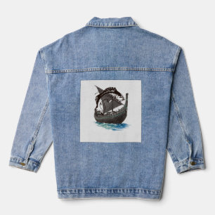 Vintage-Wikingerschiff & Lachs-Silhouette   Nord Jeansjacke