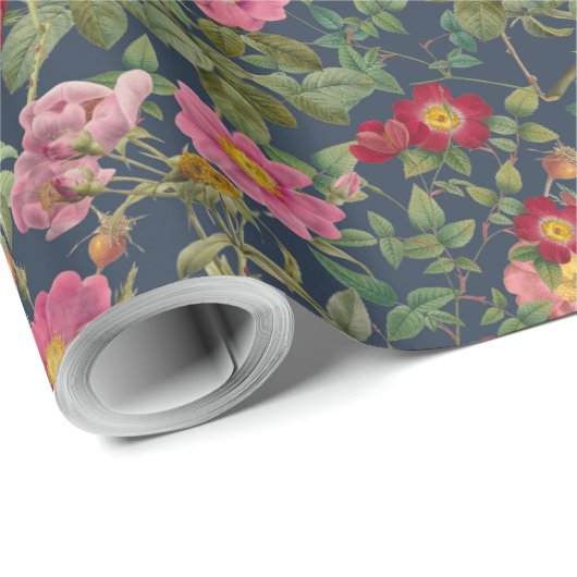Vintage Wild Rose Geschenkpapier in Mitternachtsbl (Rolleneckpunkt)