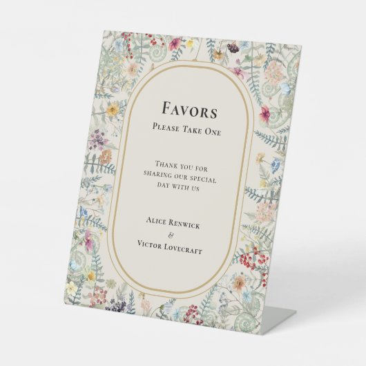 Vintage Wildblume Fern Beige Gastgeschenke Hochzei Sockelschild (Vorderseite)