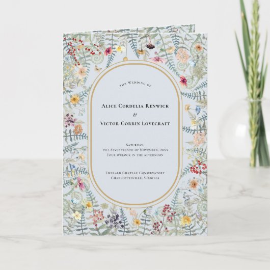 Vintage Wildblume Fern Dusty Blue Wedding geklappt Programm (Vorderseite)