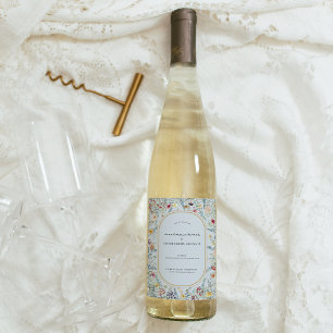 Vintage Wildblume Fern Dusty Blue Wedding Weinetikett