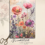 Vintage Wildblume Garden auf Old Script Decoupage Seidenpapier<br><div class="desc">Mit diesem Vintagen Wildblume Garden on Old Script Paper Decoupage Kunstwerk lassen Sie die Schönheit der Natur in Ihre Handwerksprojekte einfließen. Dieses Design mit lebhaften Wildblumen in Rosa, lila und orangefarbenem Set vor einem Hintergrund alter Schriften strahlt zeitlosen Charme und Eleganz aus. Die zarten Blumendetails in Verbindung mit dem Vintagen...</div>
