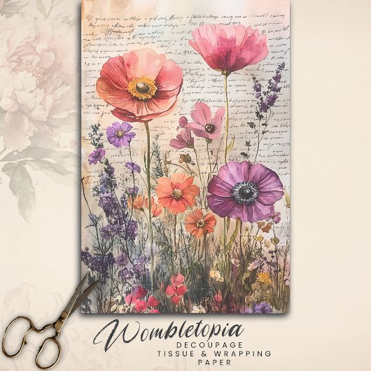 Vintage Wildblume Garden auf Old Script Decoupage Seidenpapier
