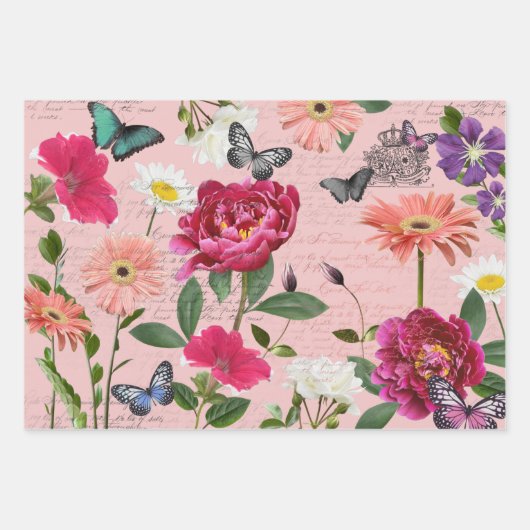 Vintage Wildblume Schmetterlingshandschrift Geschenkpapier Set (Vorderseite 3)