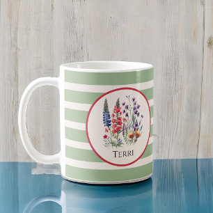 Vintage-Wildblumen auf Boho-Hellgrün-Streifen Kaffeetasse