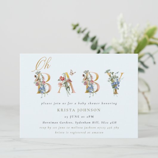 Vintage Wildblumen & Blauer Baby-Dusche Einladung (Stehend Vorderseite)