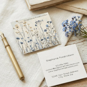 Vintage-Wildblumen-Botanik-Blau-Wiese Quadratische Visitenkarte