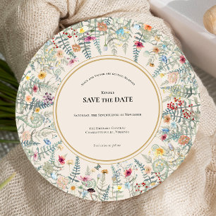 Vintage-Wildblumen-Farn-Beige-Hochzeits-Rund Save The Date