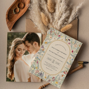 Vintage-Wildblumen-Farn-Beige-Hochzeitsfoto Einladung