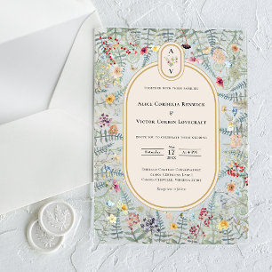 Vintage-Wildblumen-Farn-Beige-Hochzeitsmonogramm Acryleinladungen