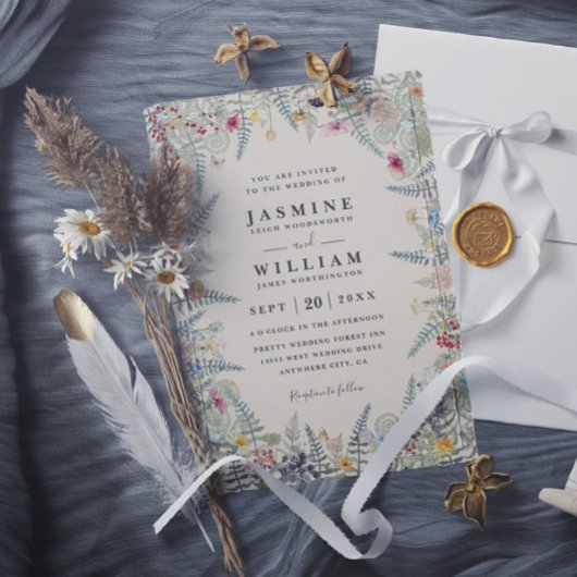Vintage-Wildblumen-Farn-Beige-QR-Code-Hochzeit Einladung