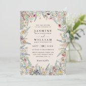 Vintage-Wildblumen-Farn-Beige-QR-Code-Hochzeit Einladung (Stehend Vorderseite)