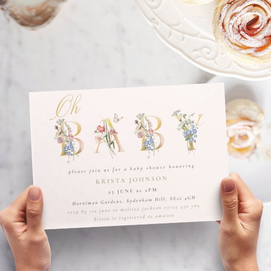 Vintage Wildblumen, Gold und Blush Baby Dusche Einladung