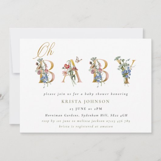 Vintage Wildblumen & Goldbriefe Kinderdusche Einladung (Vorderseite)