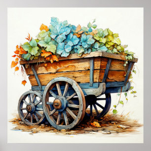 Vintage Wildblumen in einem Holzwagen Poster