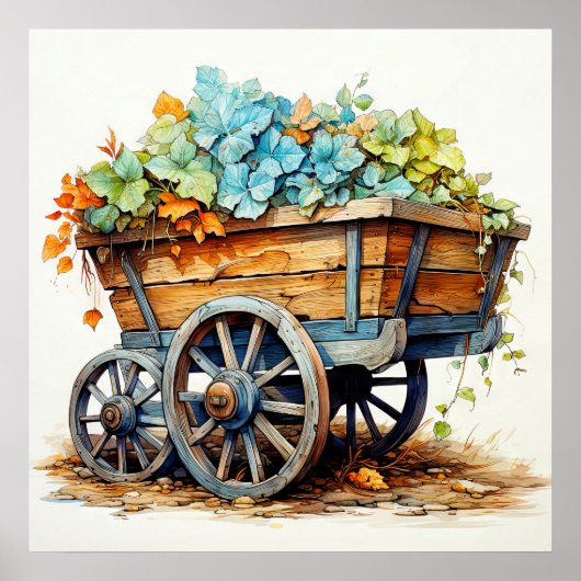 Vintage Wildblumen in einem Holzwagen Poster (Vorne)
