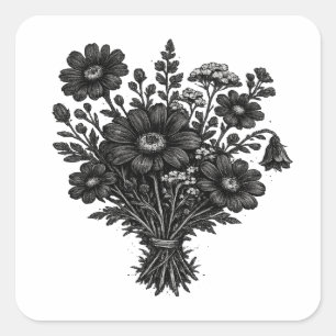Vintage-Wildblumen-Linolschnitt botanische Blumenk Quadratischer Aufkleber