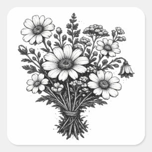 Vintage-Wildblumen-Linolschnitt botanische Blumenk Quadratischer Aufkleber
