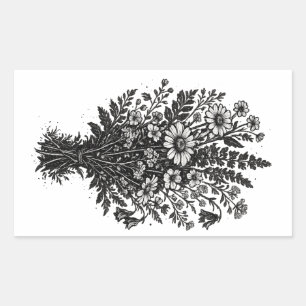Vintage-Wildblumen-Linolschnitt botanische Blumenk Rechteckiger Aufkleber