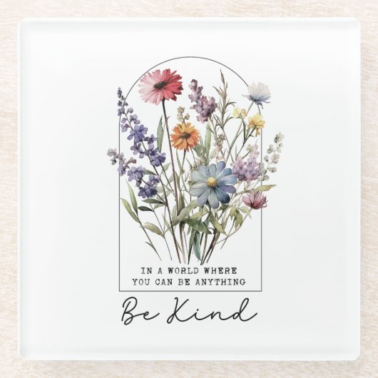 Vintage-Wildblumen mit Zitat - Sei freundlich Glasuntersetzer (Vorderseite)