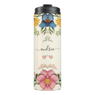Vintage-Wildblumen, Name in schwarzer Schreibschri Thermosbecher