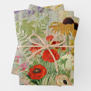 Vintage Wildblumen Natur Botanisches Collage Geschenkpapier Set