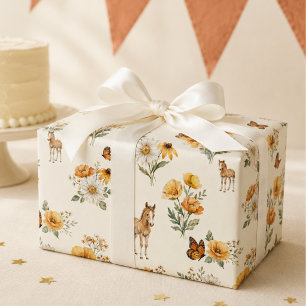 Vintage-Wildblumen-Pferd-und-Schmetterling-Muster  Geschenkpapier