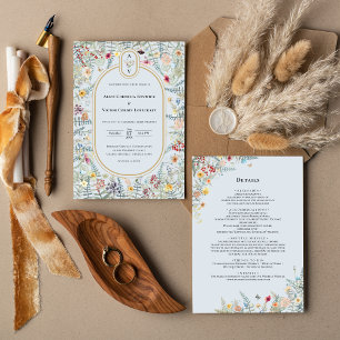 Vintage Wildblumen Staubblau Monogramm Details und Einladung