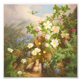 Vintage-Wildblumen und Baby-Vogel-Ölgemälde Fotodruck