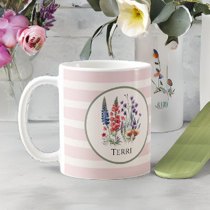Vintage Wildblumen und Name auf rosafarbenen Strei Kaffeetasse