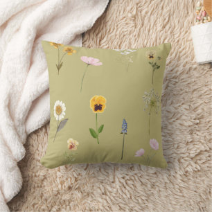 Vintage-Wildblumen-Wasserfarben-Collage auf Salbei Kissen