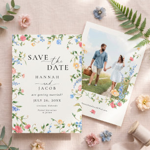 Vintage-Wildblumen-Weich-Pastell-Foto-Hochzeit Save The Date