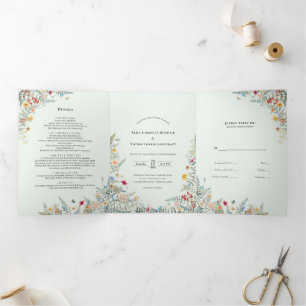 Vintage-Wildflower-Farn-Mintgrüne-Hochzeit Dreifach Gefaltete Einladung