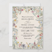 Vintage Wildflowers Fern Budget QR Code Wedding Einladung (Vorderseite)